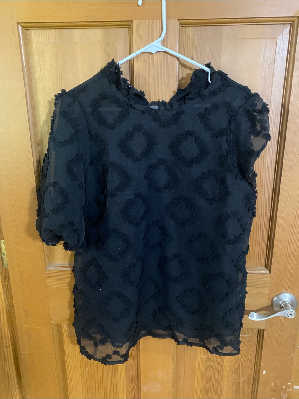 Black Textured Puff-Sleeve Blouse